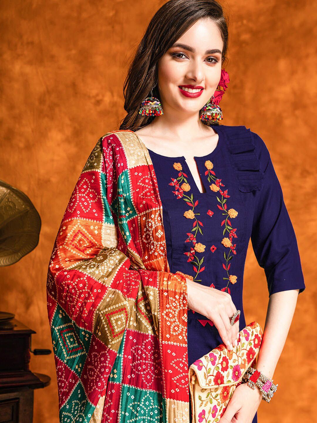 KALINI Floral Embroidered Mirror Work Straight Kurta With Salwar & Dupatta