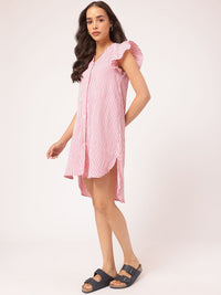 DressBerry Rich Textures Ruffled Trim High Low Striped Shirt Dress