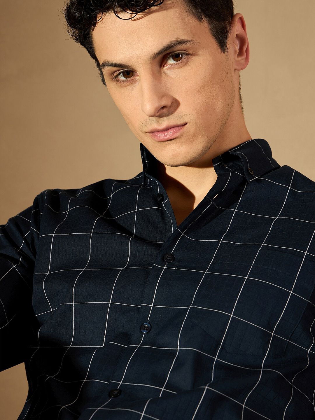 DENNISON Windowpane Checked Button-Down Collar Smart Cotton Formal Shirt