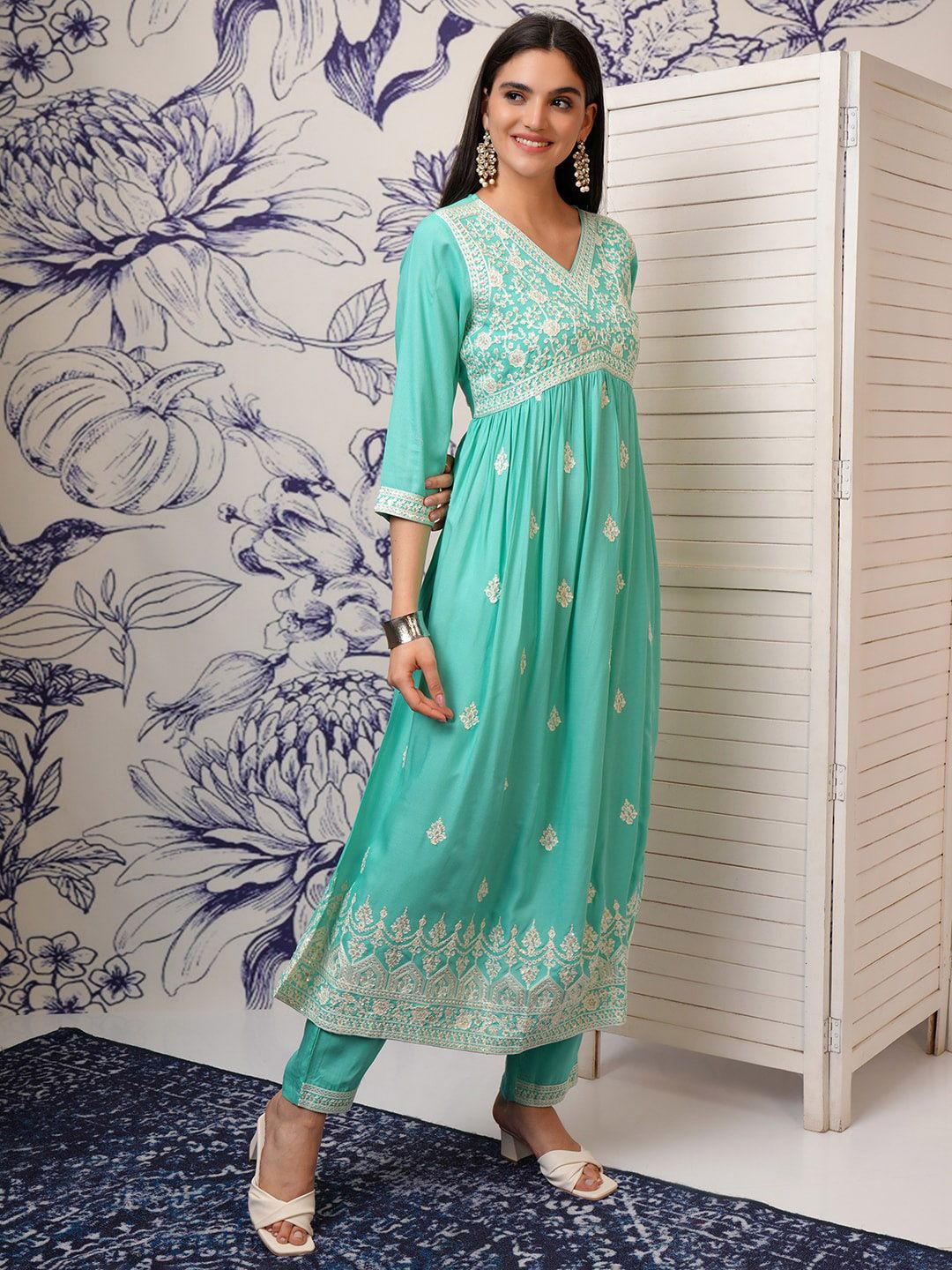 Vishudh Blue Ethnic Motifs Embroidered Sequinned A-Line Kurta With Trousers & Dupatta