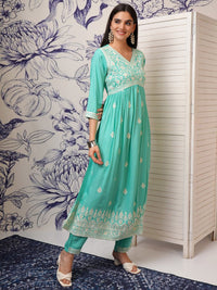 Vishudh Blue Ethnic Motifs Embroidered Sequinned A-Line Kurta With Trousers & Dupatta