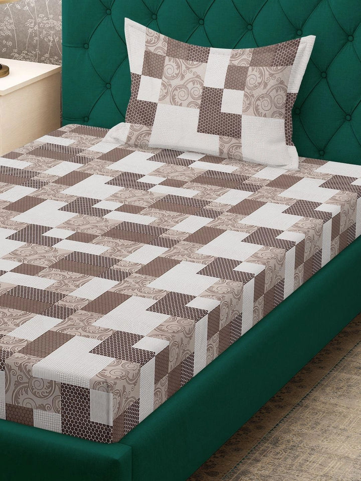 Moda Rapido X KLOTTHE Brown & White Geometric 400 TC Single Bedsheet with 1 Pillow Covers