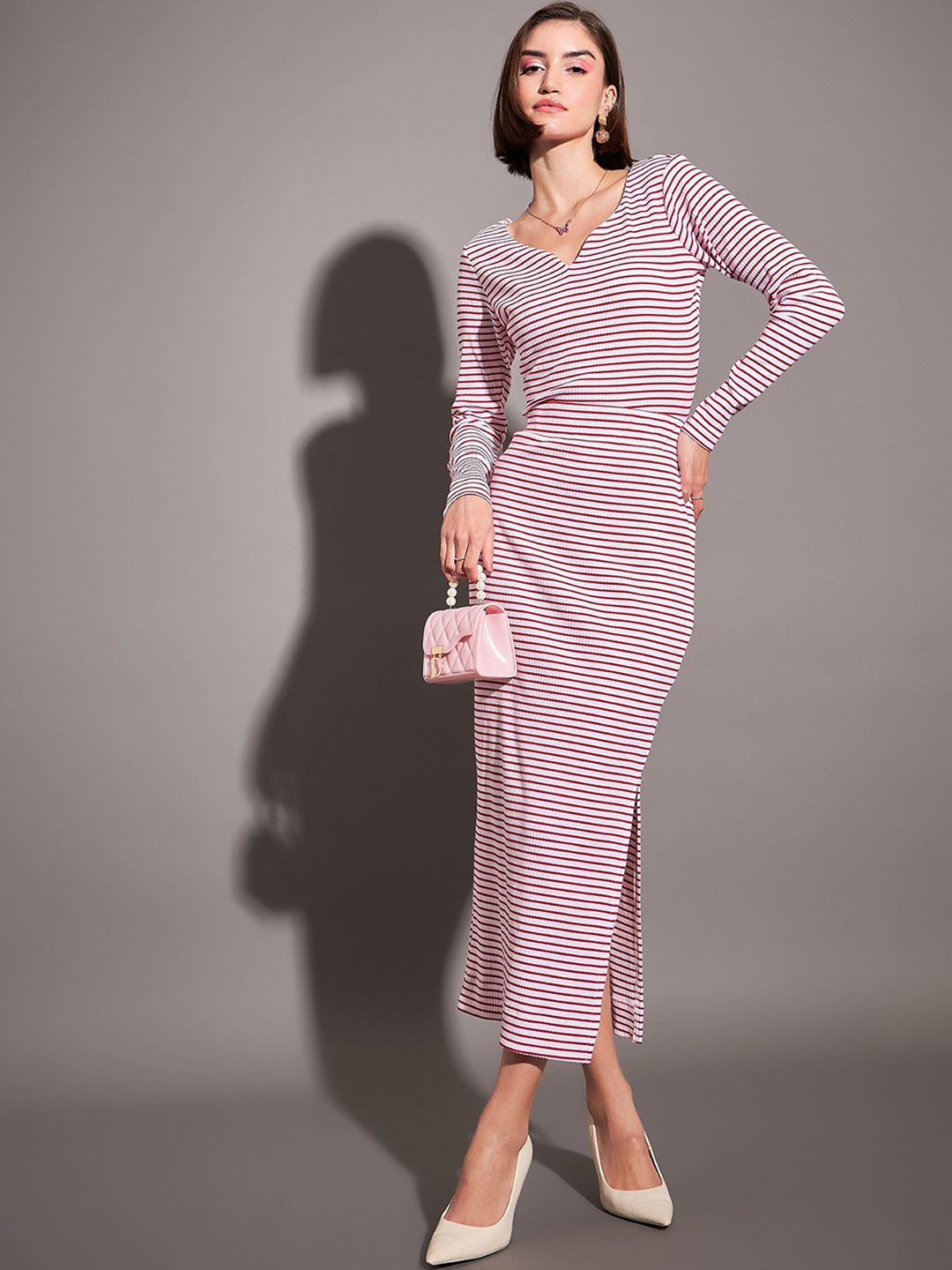 SASSAFRAS Red & White Striped Pencil Midi Skirt