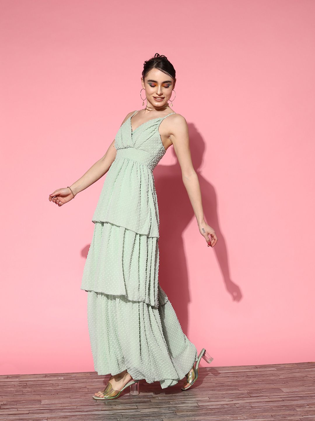 Berrylush Green Layered Georgette Maxi Dress
