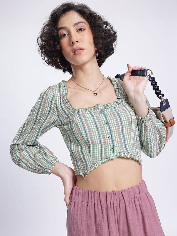 DressBerry Sheer Seersucker Frill Detail Shirt-Style Top