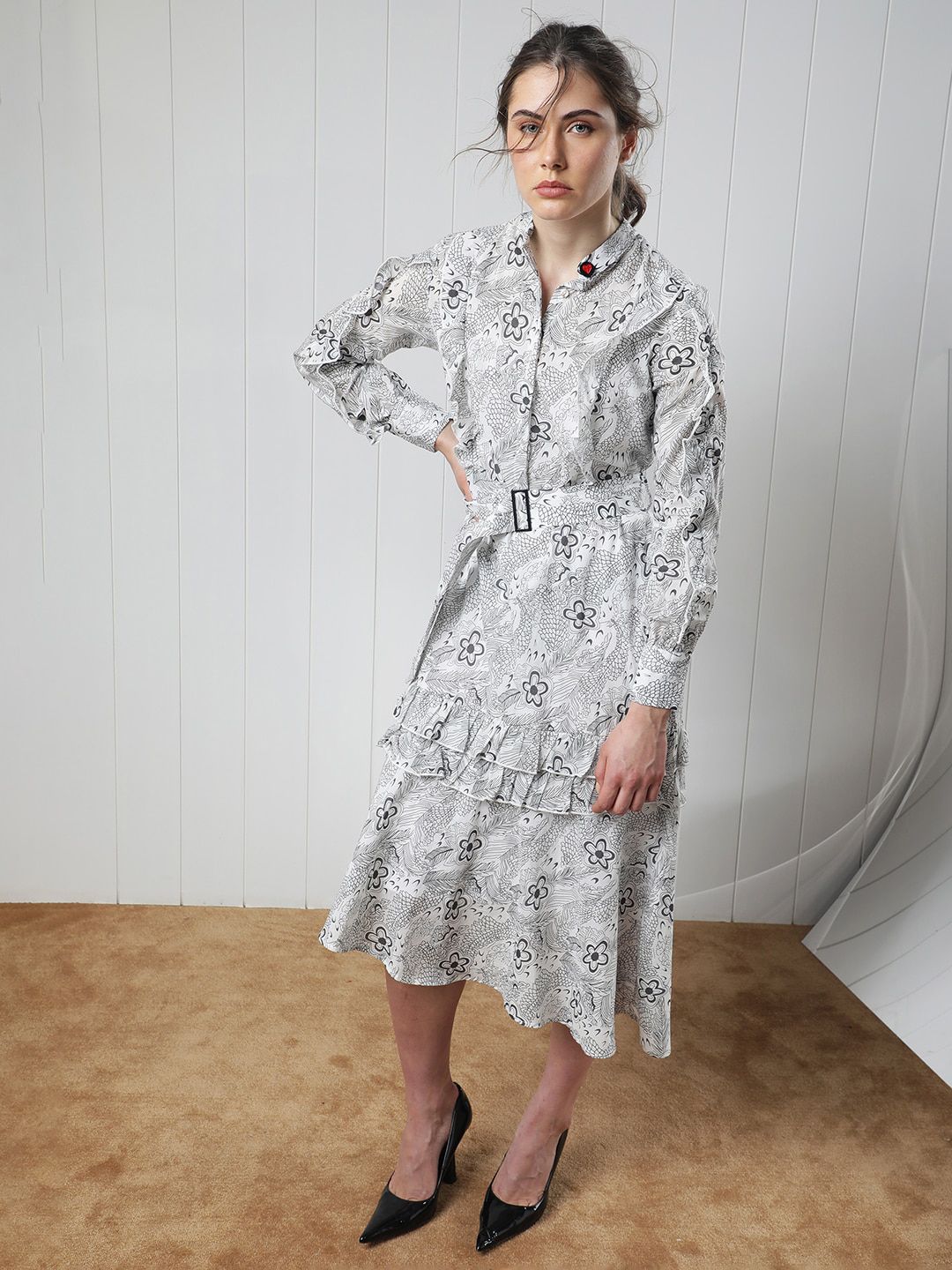 RAREISM Floral Midi Belted Shirt Dress