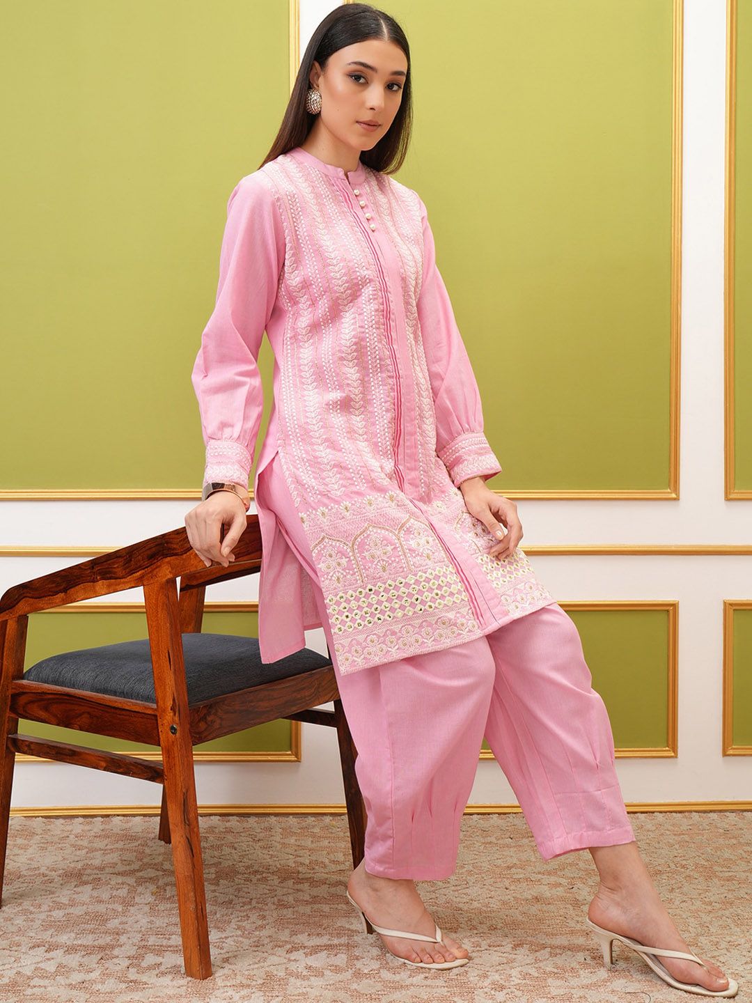Vishudh Pink Floral Embroidered Mandarin Collar Pure Cotton Straight Kurta With Trousers