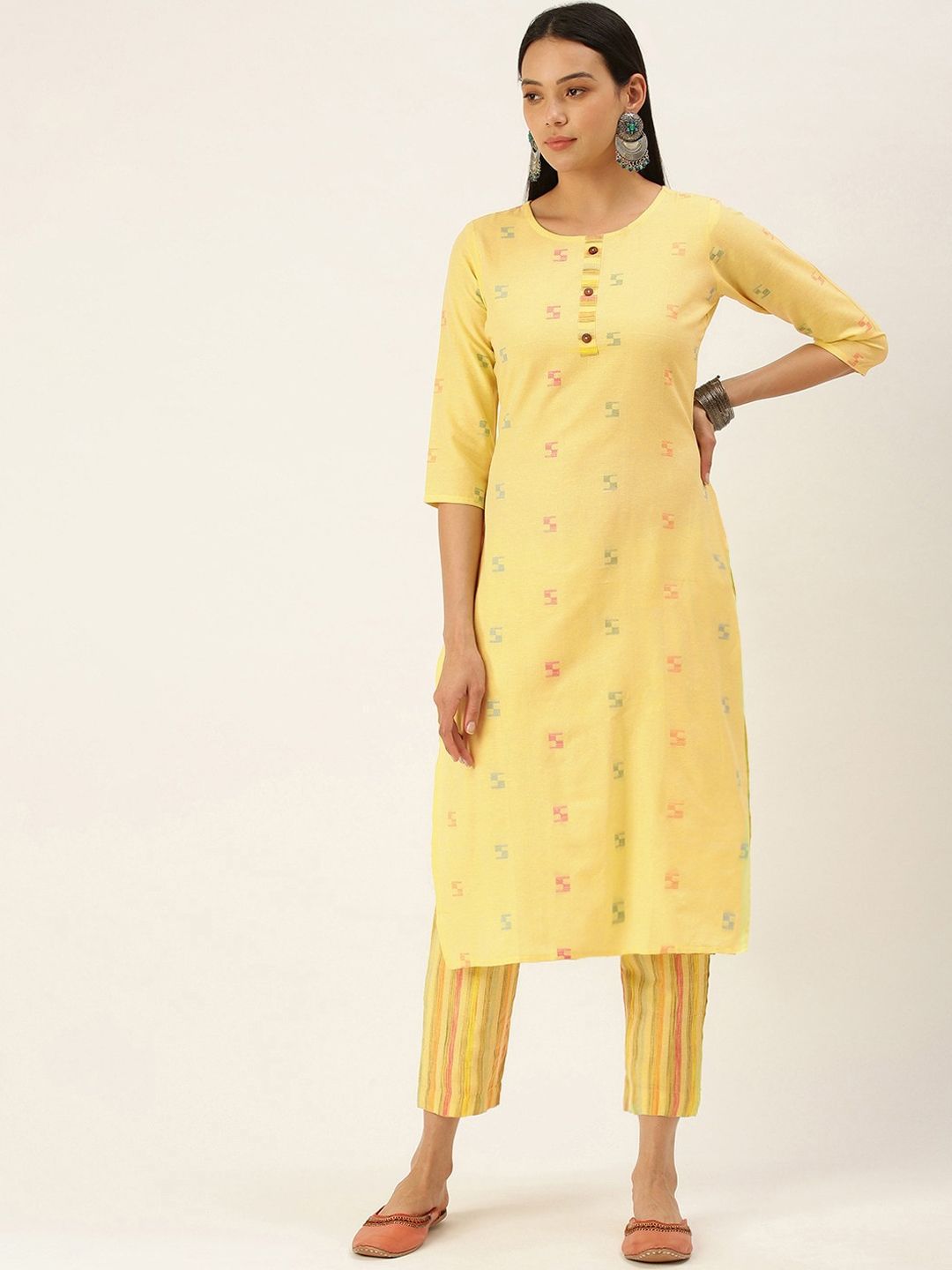 KALINI Geometric Woven Design Regular Kurta With Trousers