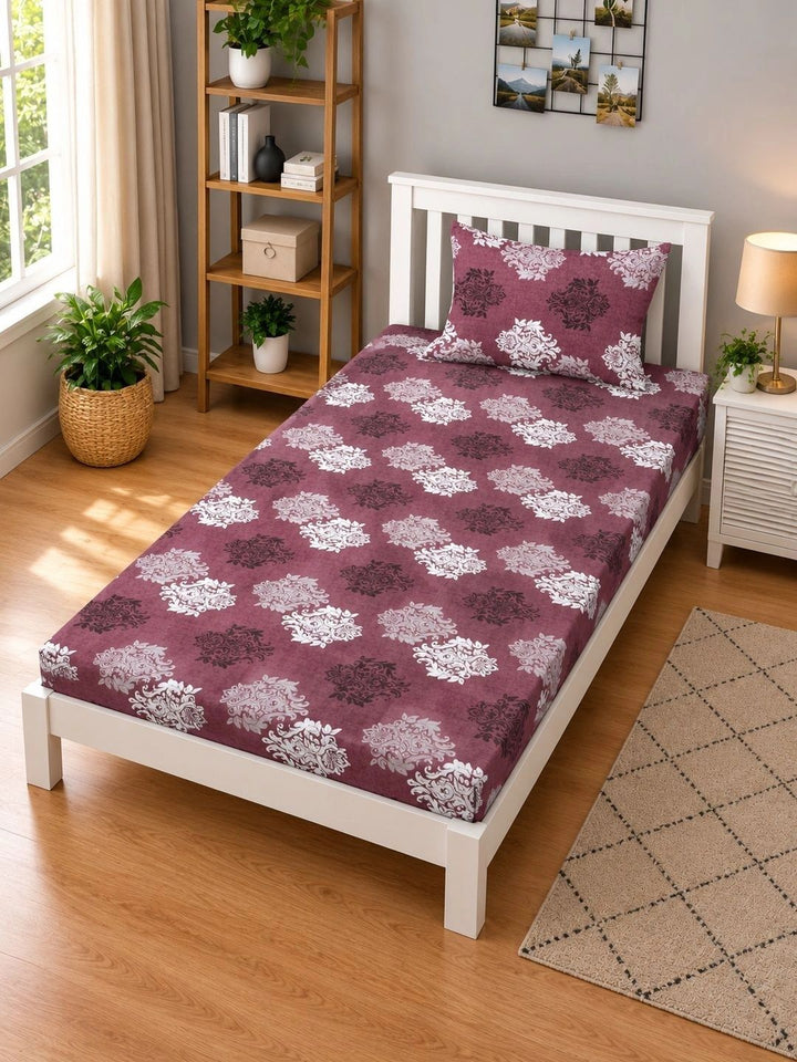 Moda Rapido X KLOTTHE Maroon Floral 400 TC Single Bedsheet with 1 Pillow Covers