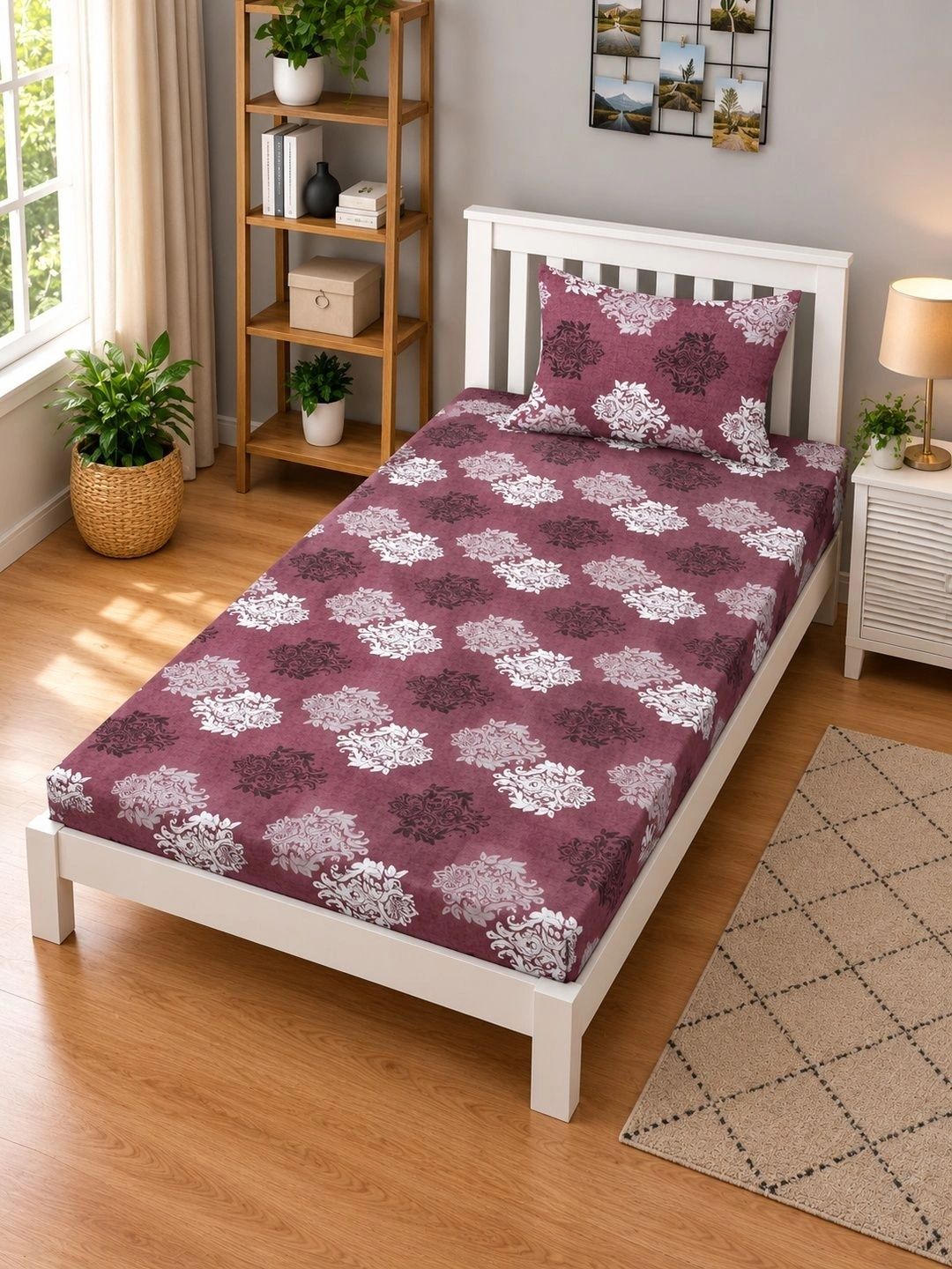 Moda Rapido X KLOTTHE Maroon Floral 400 TC Single Bedsheet with 1 Pillow Covers
