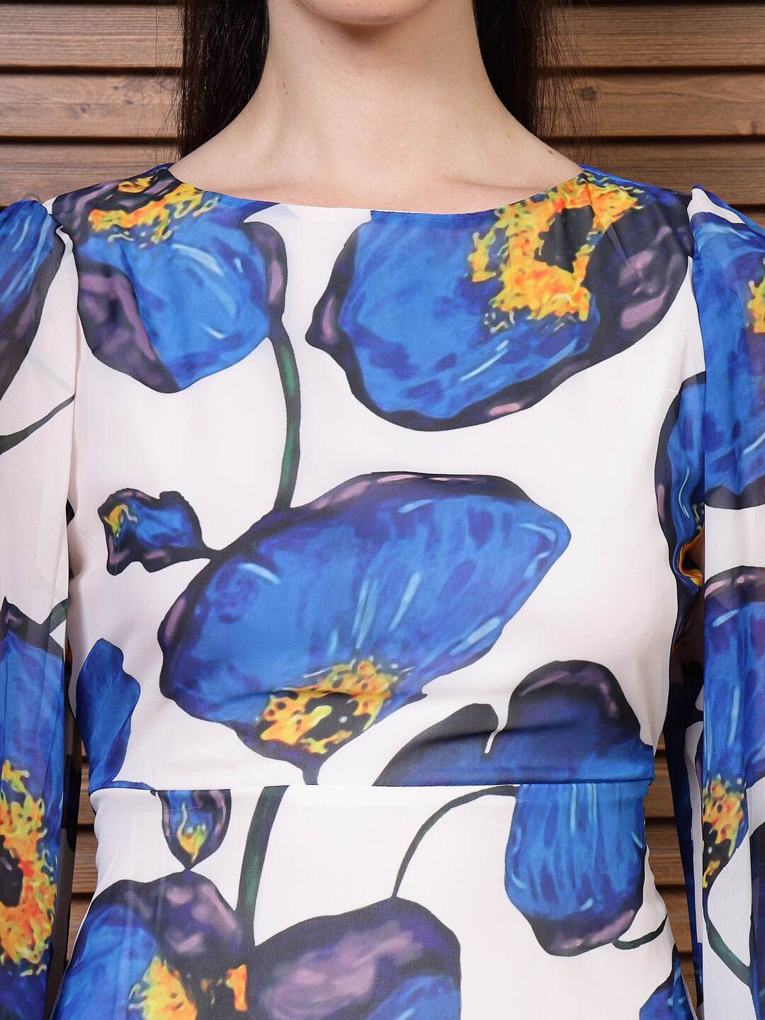 Athena Blue Floral Printed Puff Sleeves Georgette A-Line Mini Dress