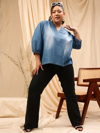 CURVY STREET Plus Size Mandarin Collar Puff Sleeves Pure Cotton Denim Top