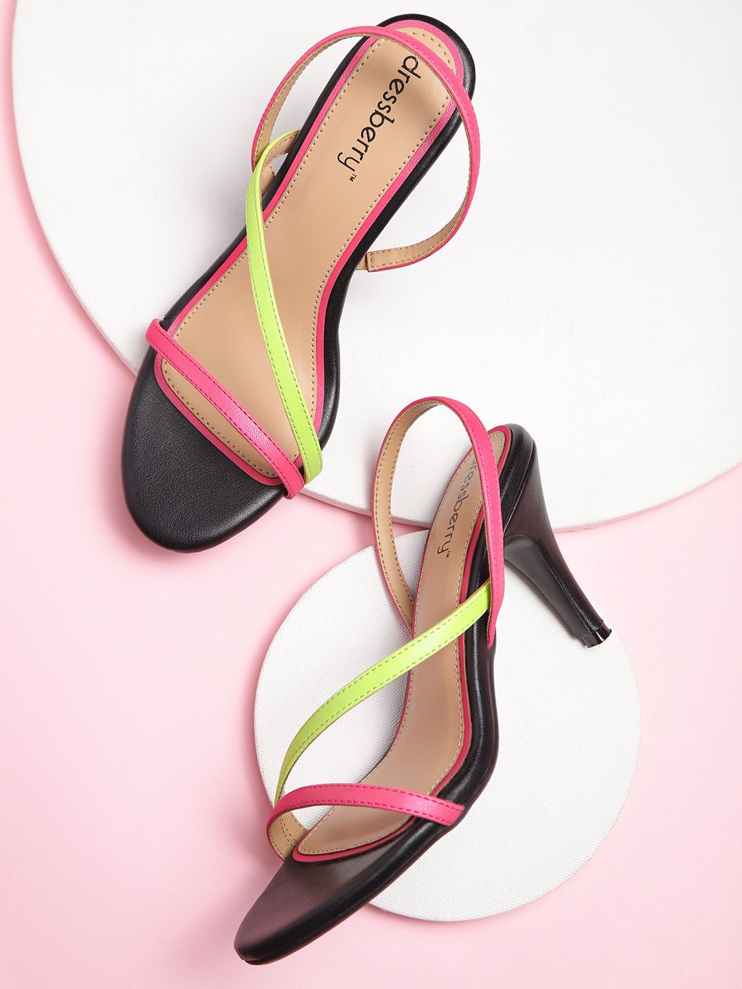 DressBerry Women Fuchsia Pink & Lime Green Colourblocked Strappy Slim Heels