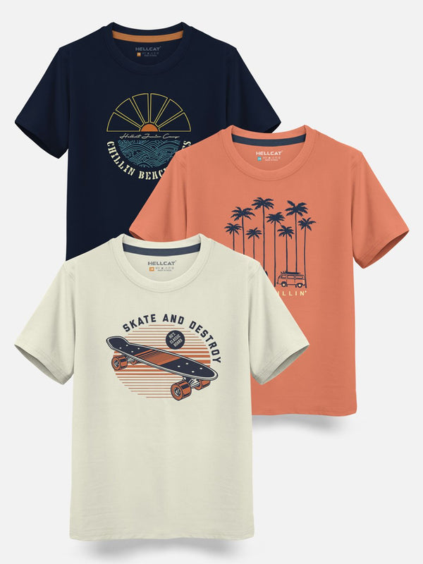 HELLCAT Boys Pack Of 3 Printed Cotton T-shirt