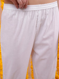 Vishudh White Floral Embroidered Empire Mirror Work Cotton Kurta with Trousers & Dupatta
