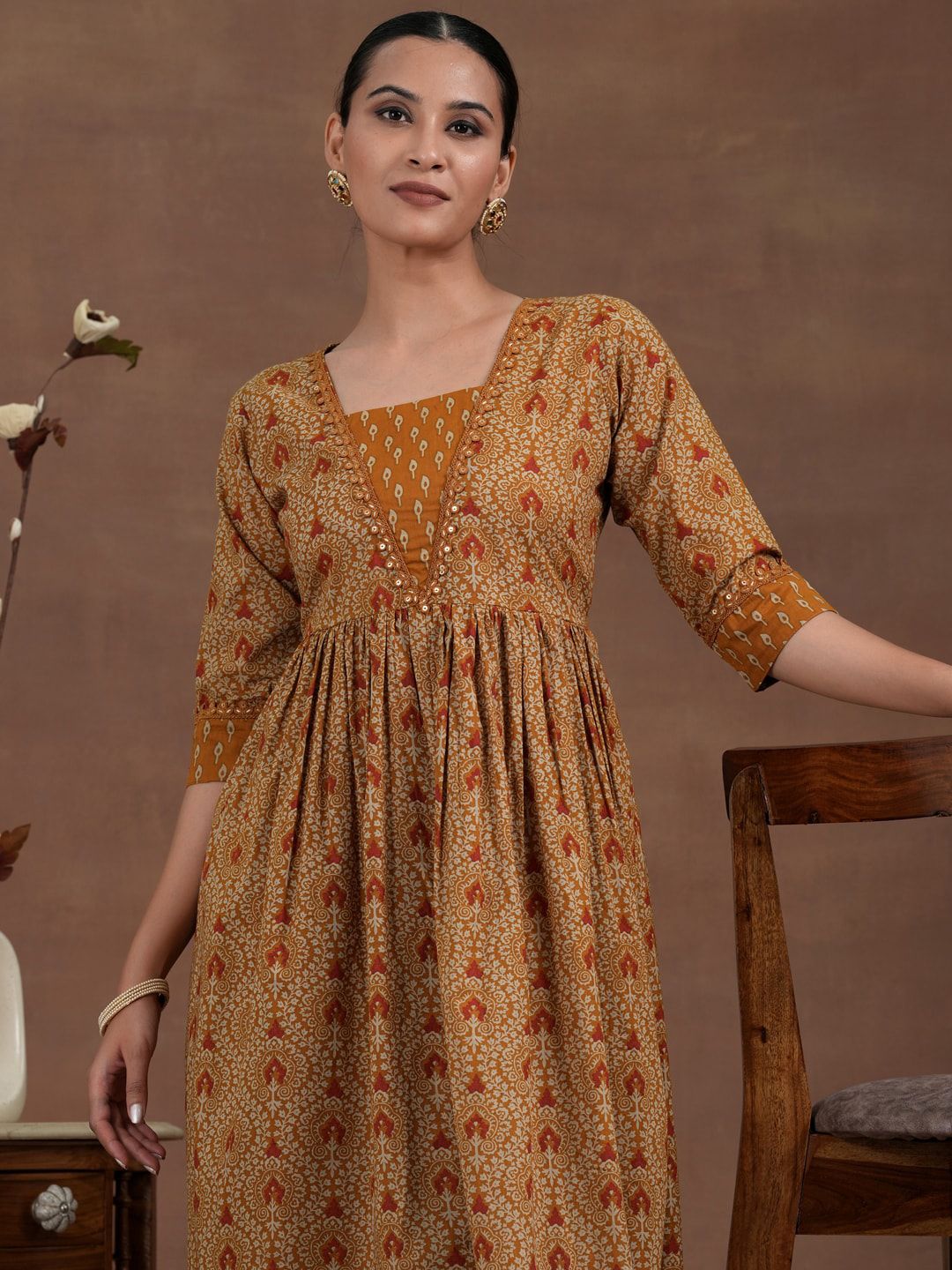 Libas Women Ethnic Motifs Printed Pleated Sequinned Pure Cotton Kurta with Palazzos
