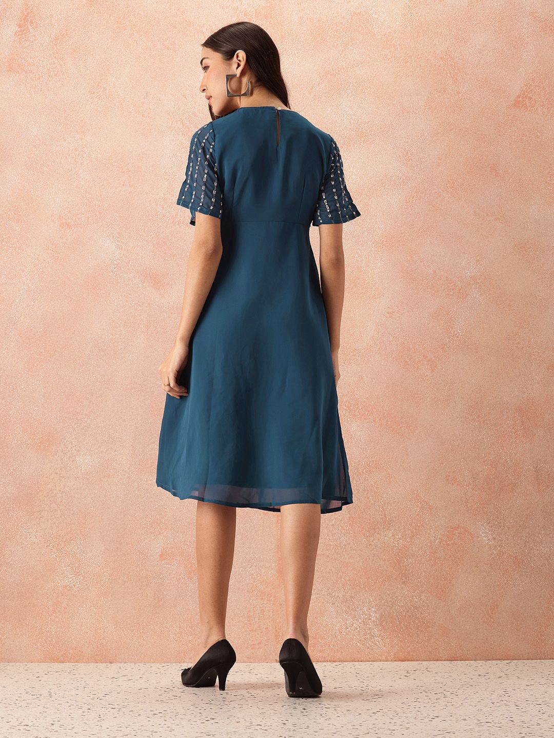 all about you Sequined Flared Sleeves Fit & Flare Dress
