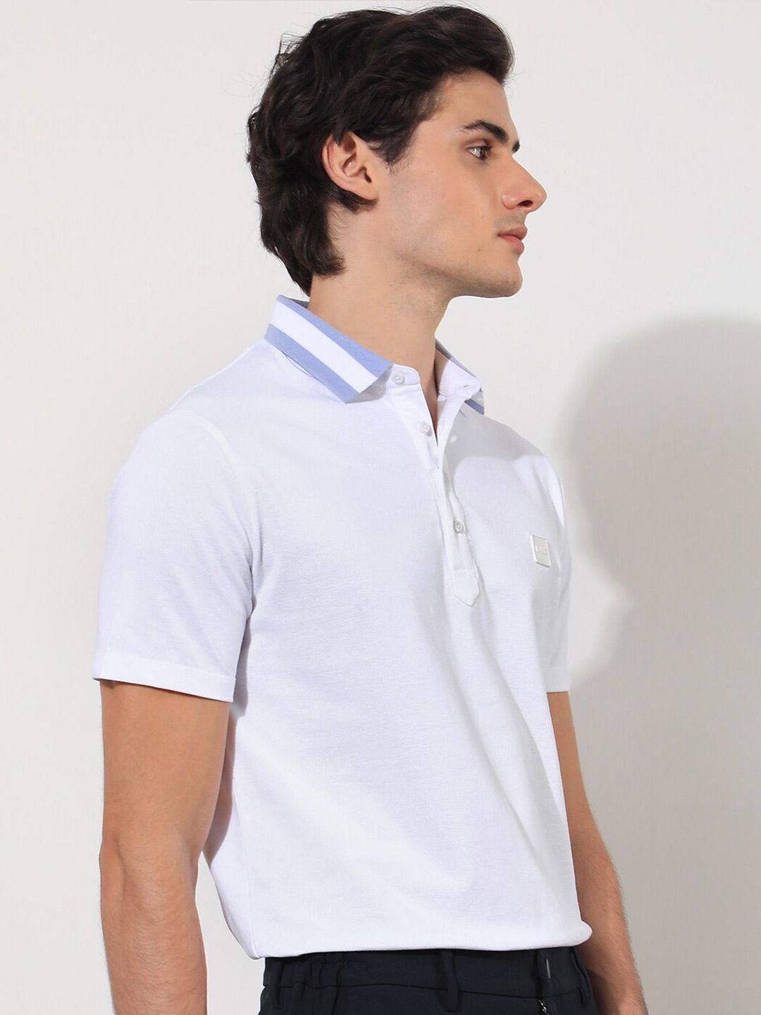 RARE RABBIT Men Divide Polo Collar Slim Fit Cotton T-Shirt