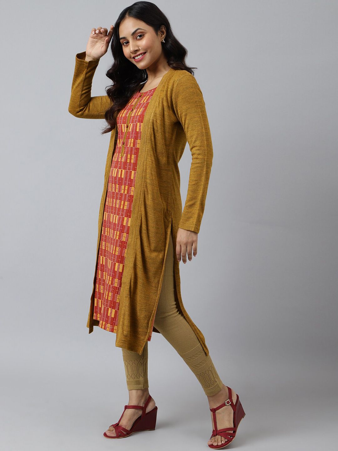 AURELIA Women Mustard Yellow & Red Printed Acrylic Straight Kurta