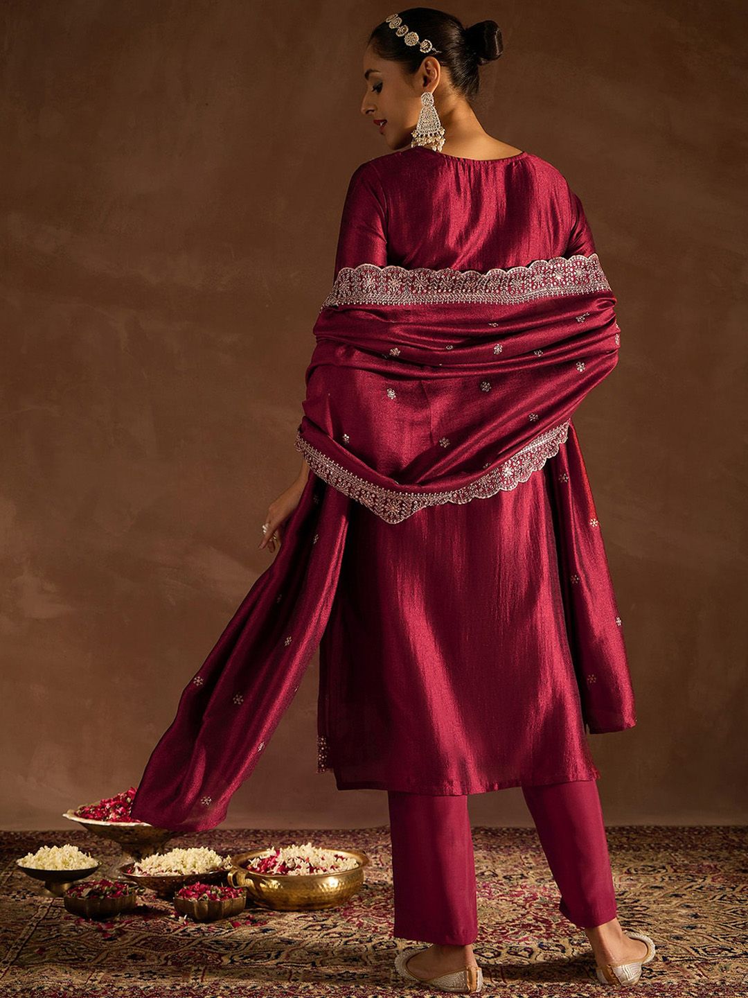 Indo Era Ethnic Motifs Embroidered Thread Work Straight Kurta with Trousers & Dupatta