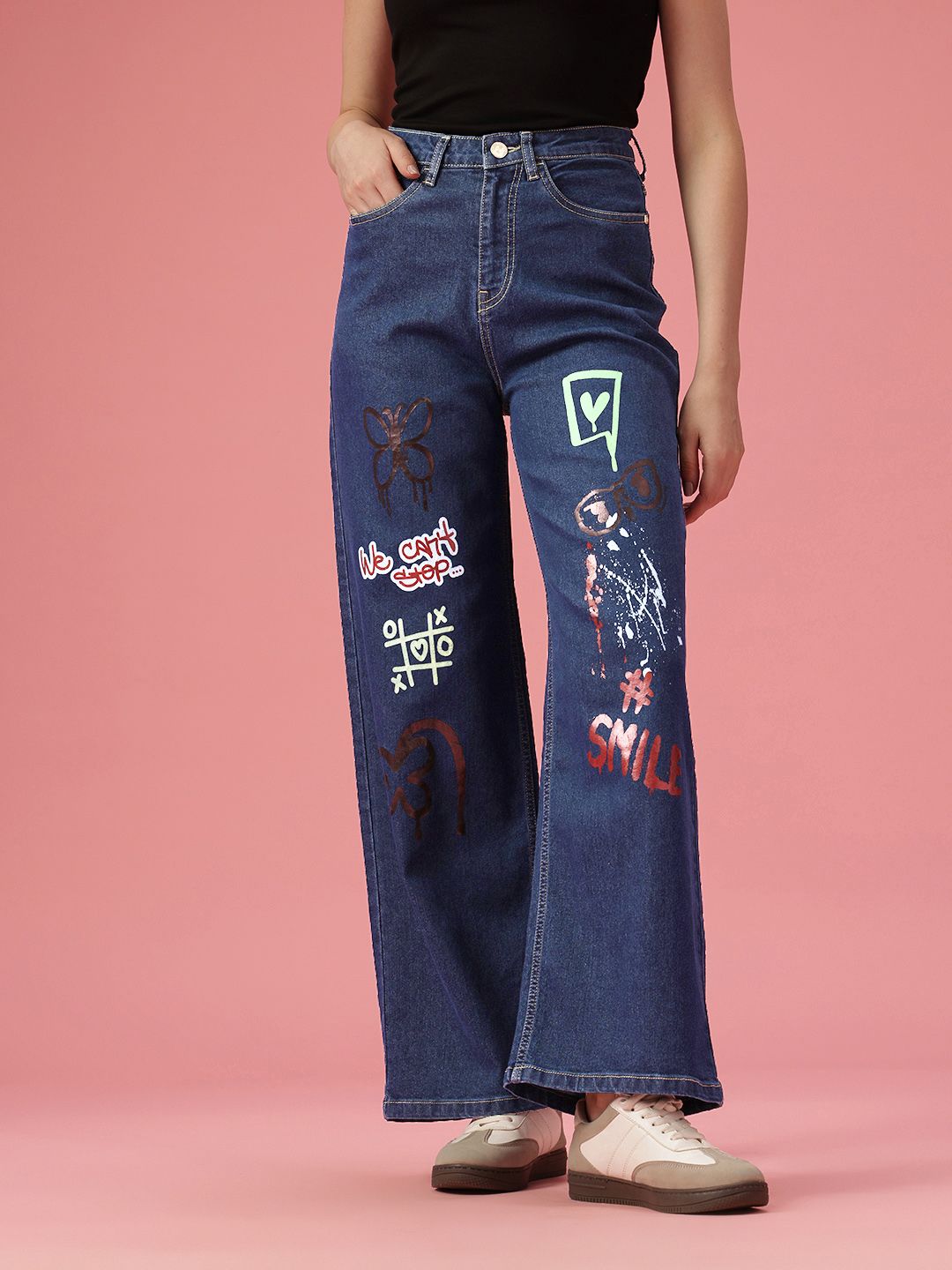 DressBerry Women Wide Leg High-Rise Printed Stretchable Jeans
