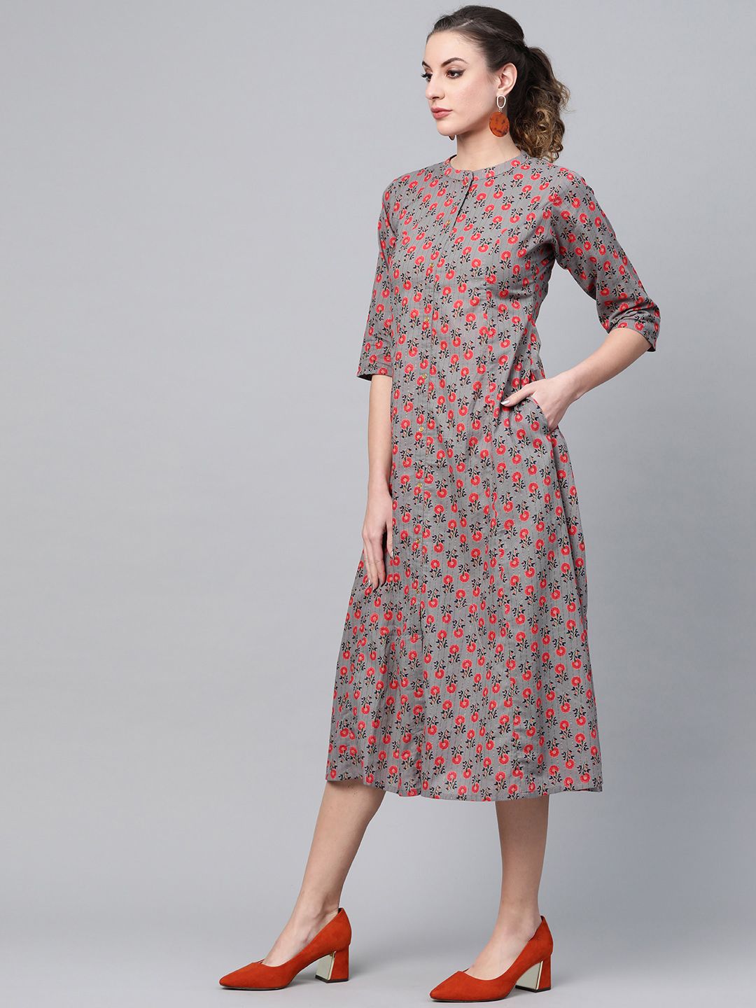 Gerua By Libas Women Charcoal Grey  Red Printed A-Line Dress