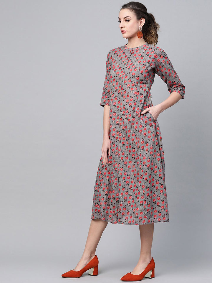 Gerua By Libas Women Charcoal Grey  Red Printed A-Line Dress