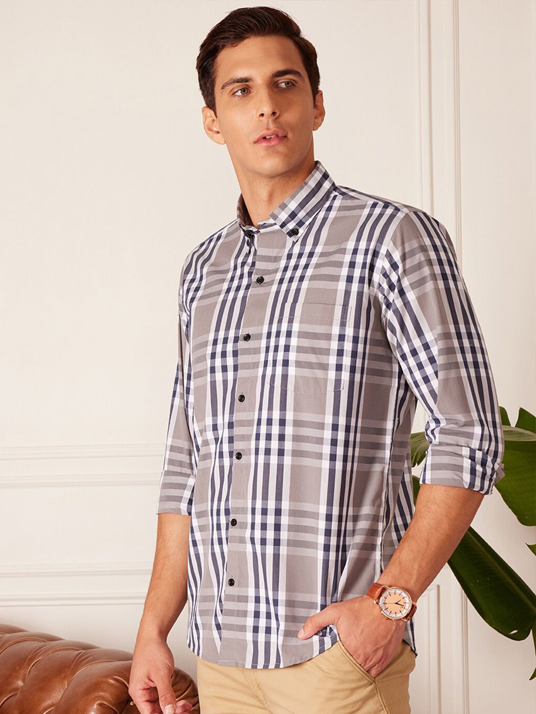 DENNISON Smart Tartan Checks Checked Button-Down Collar Cotton Casual Shirt