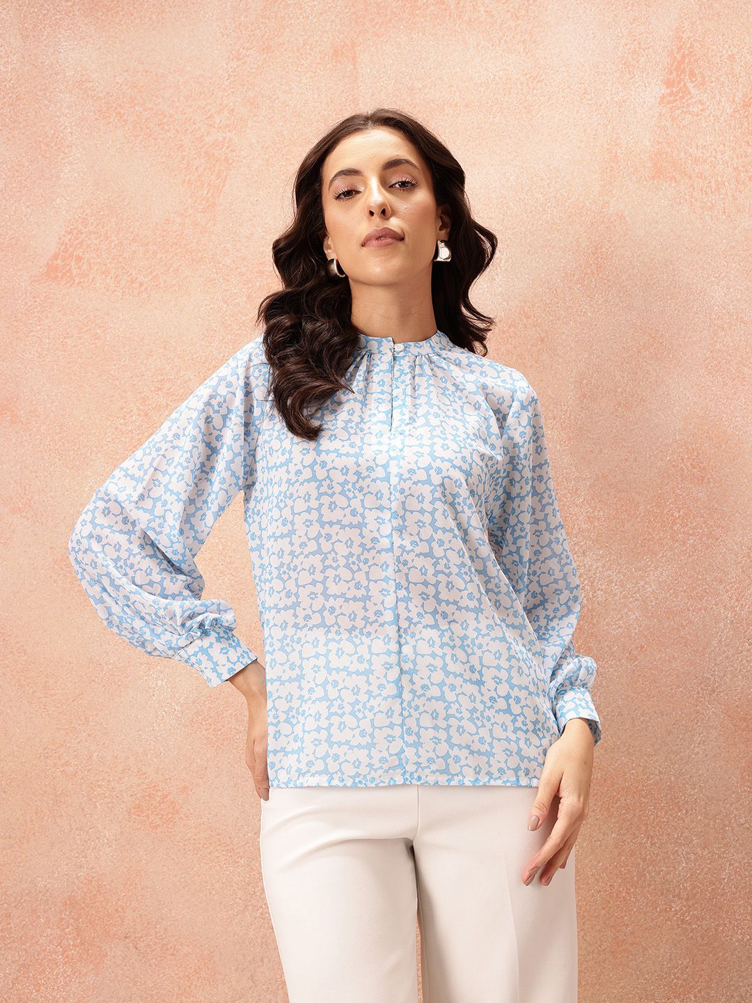 all about you Floral Print Mandarin Collar Puff Sleeve Top