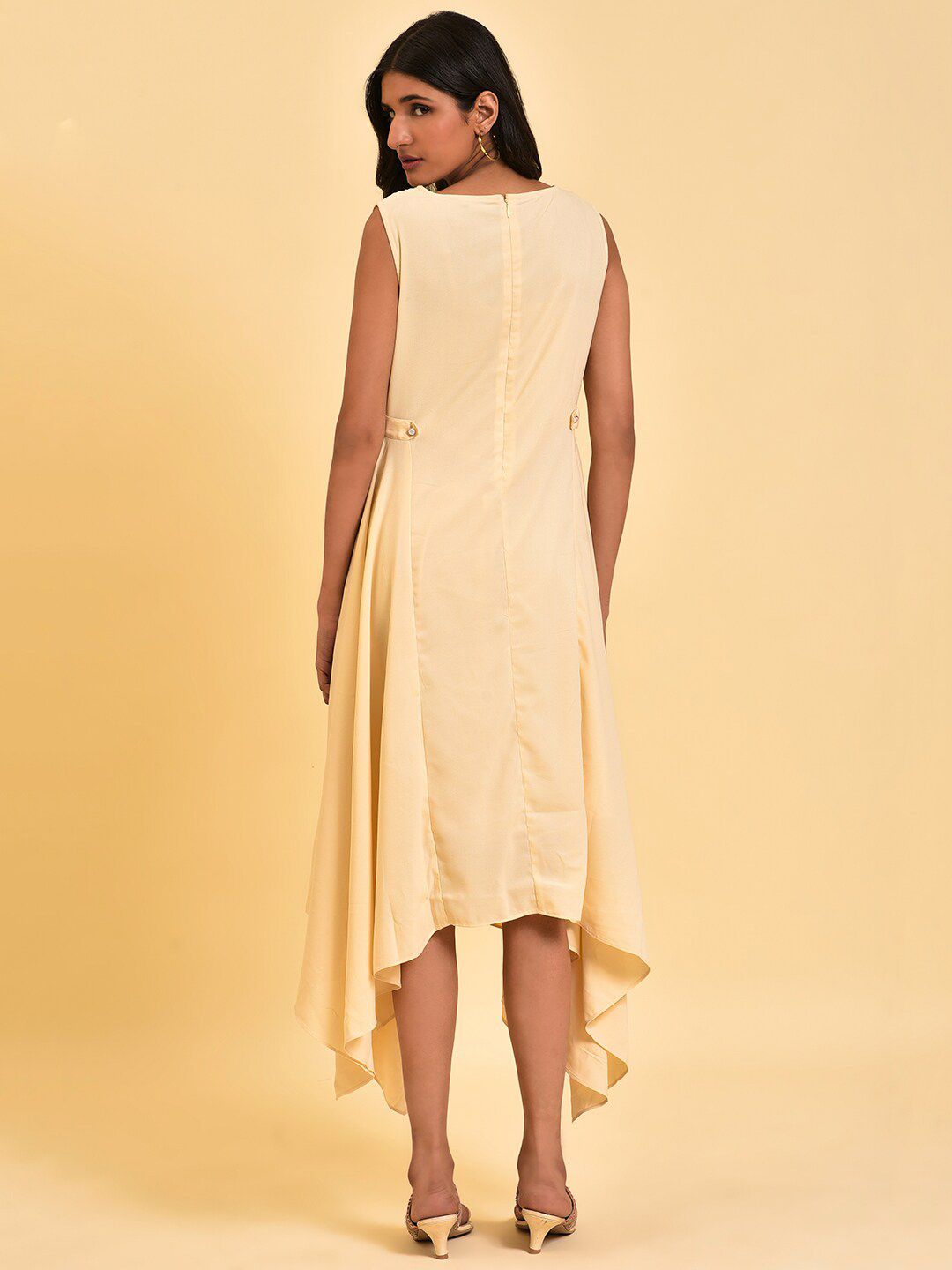 W Cream Lace Detailed Boat Neck A-Line Midi Dress