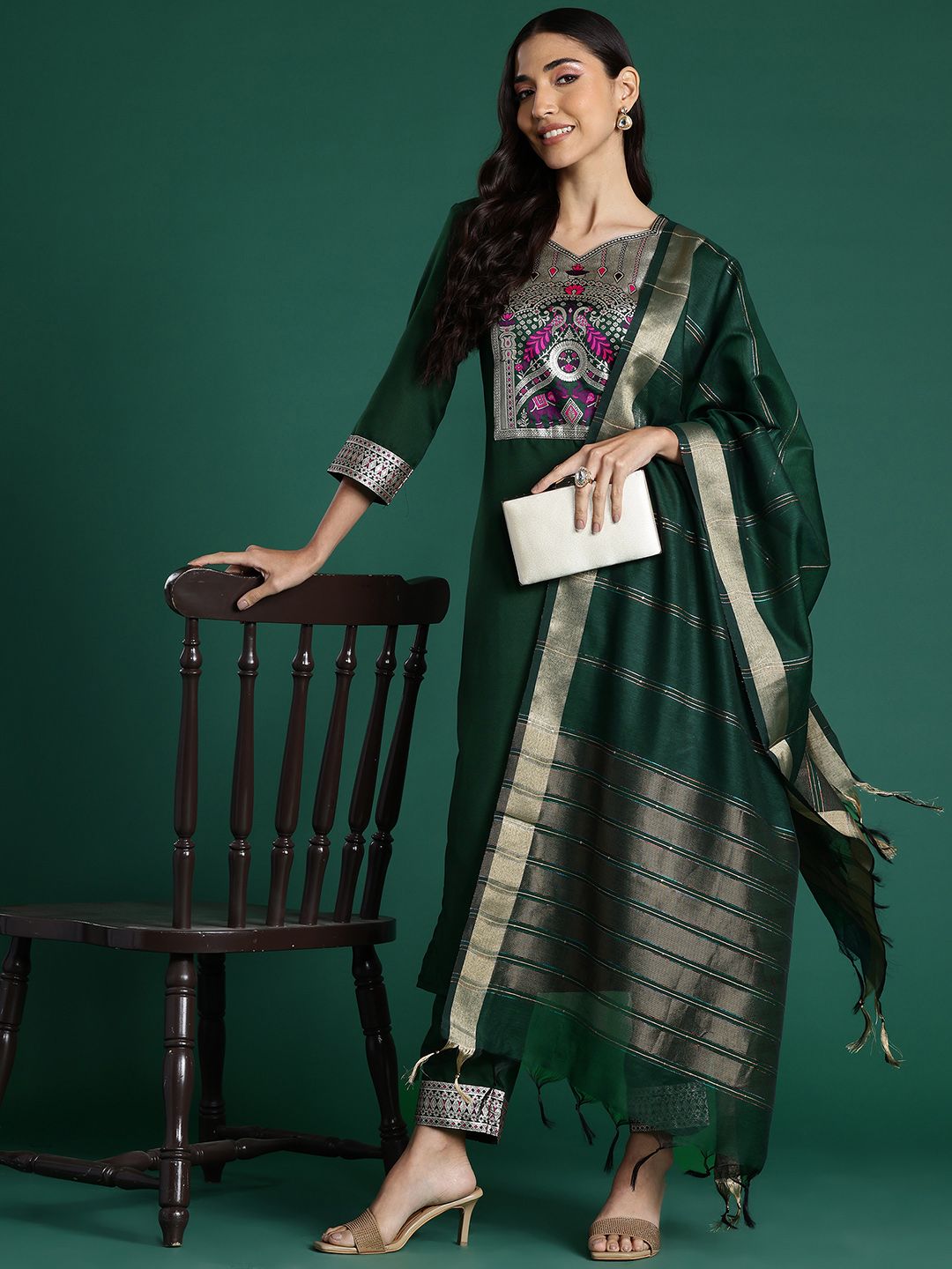 Indo Era Ethnic Motifs Yoke Design Pure Cotton Kurta With Trousers & Dupatta