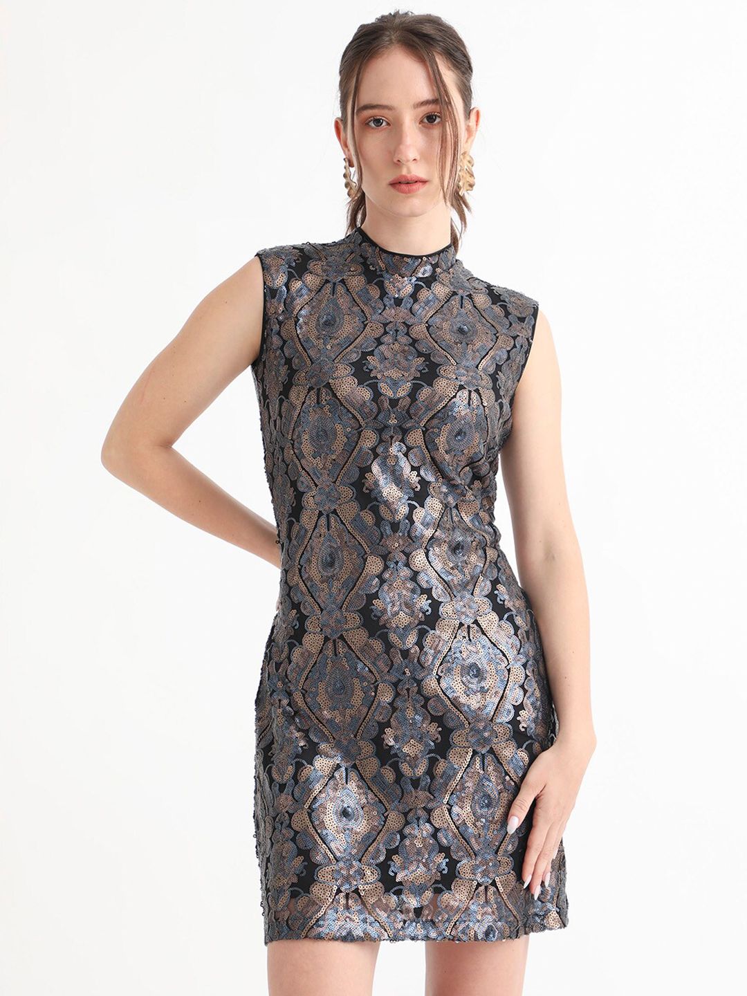RAREISM High Neck Sleeveless Sequin Embellished Sheath Above Knee Dress