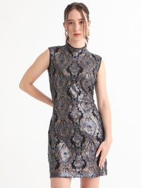 RAREISM High Neck Sleeveless Sequin Embellished Sheath Above Knee Dress
