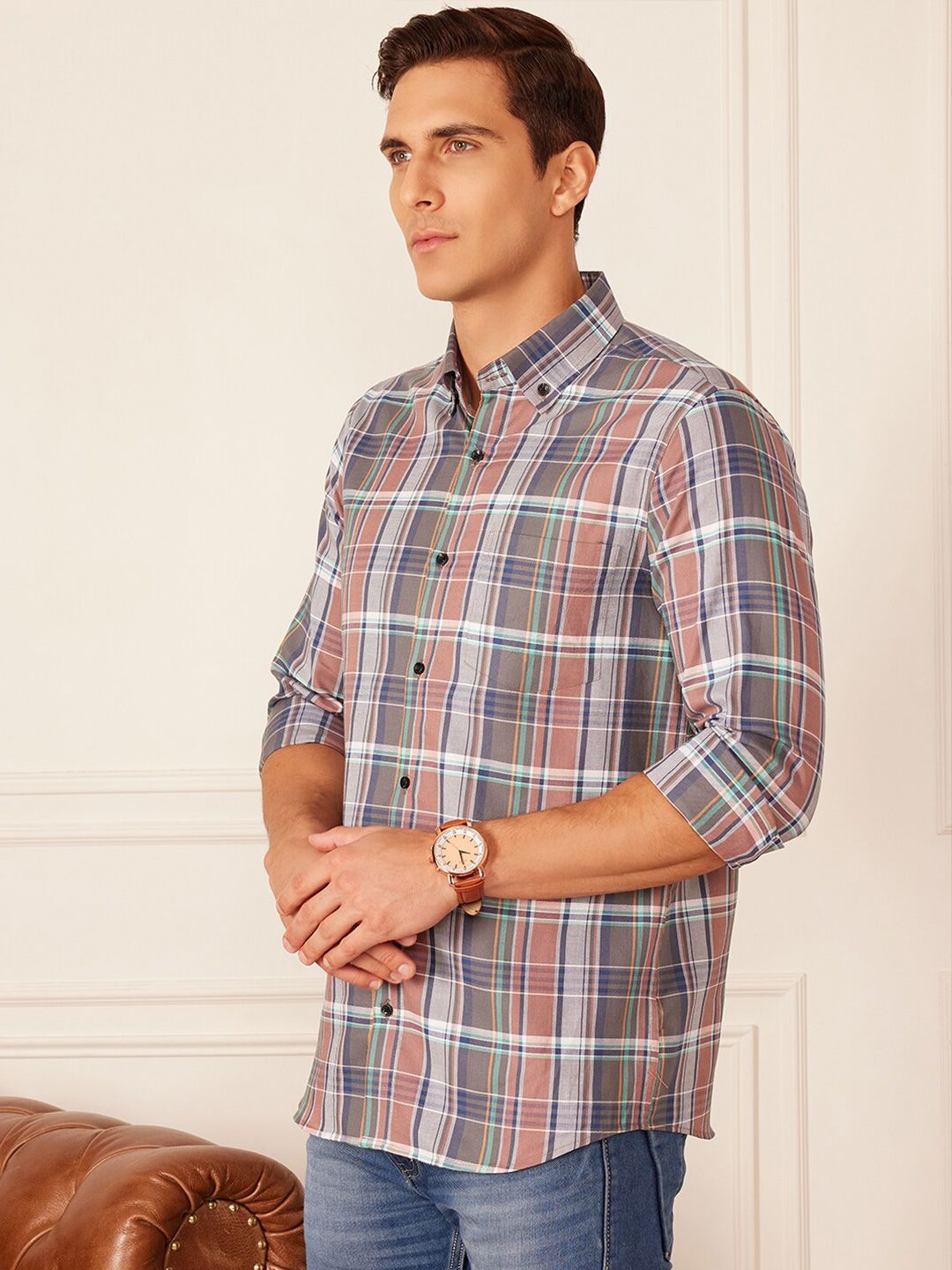 DENNISON Smart Tartan Checked Button-Down Collar Casual Shirt
