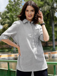 STREET 9 White & Grey Comfort Vertical Striped Drop Shoulder Sleeves Boxy Casual Shirt