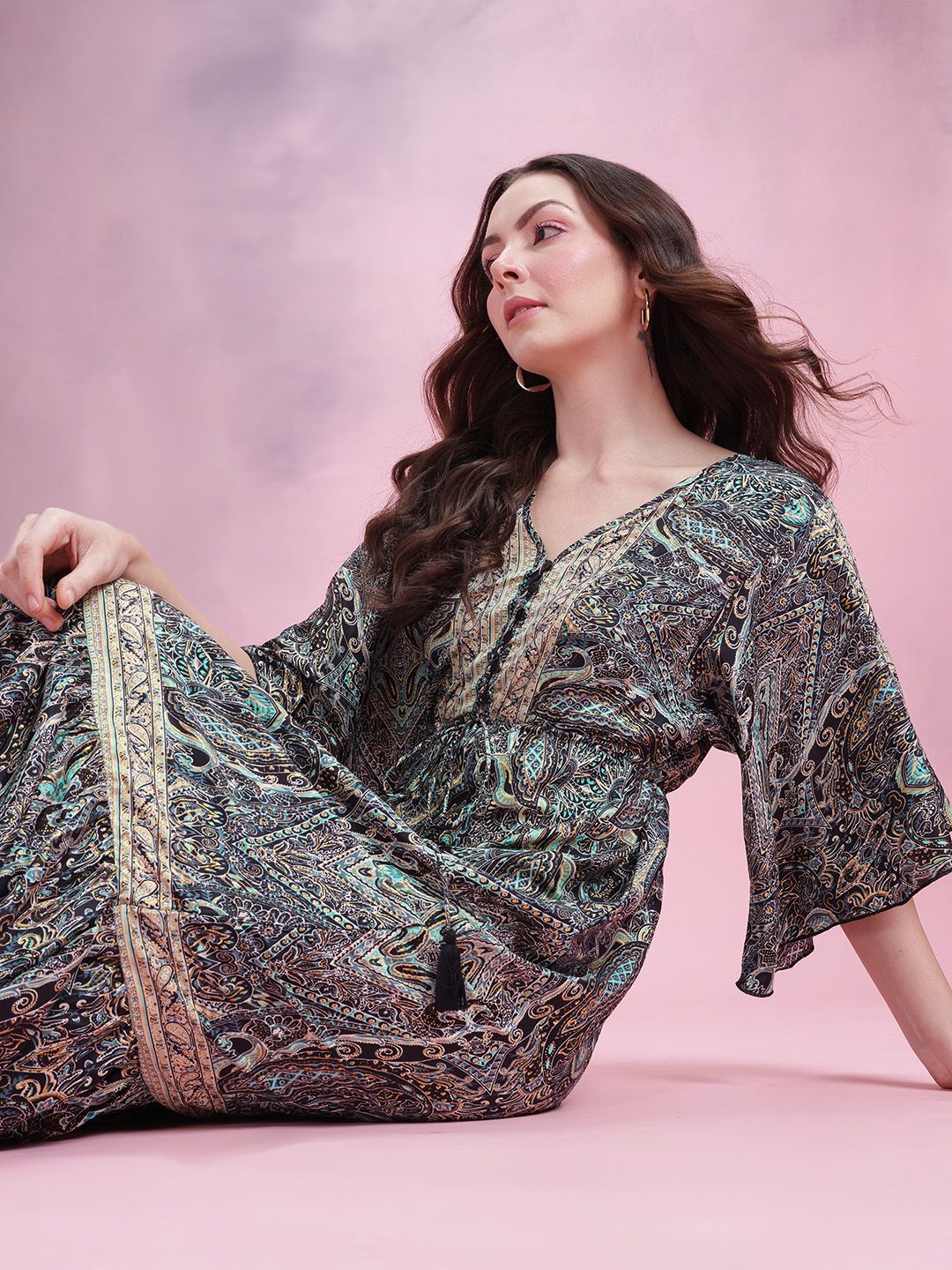 DressBerry Printed Kimono Sleeves Kaftan Midi Dress
