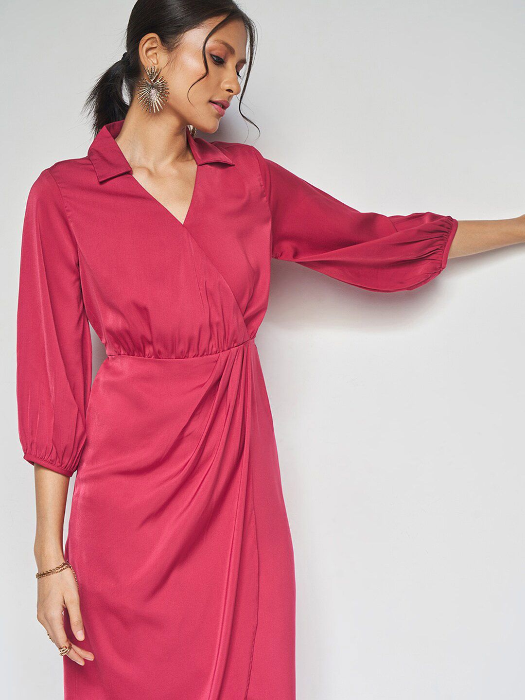 AND Shirt Collar Puff Sleeves Tulip Wrap Dress