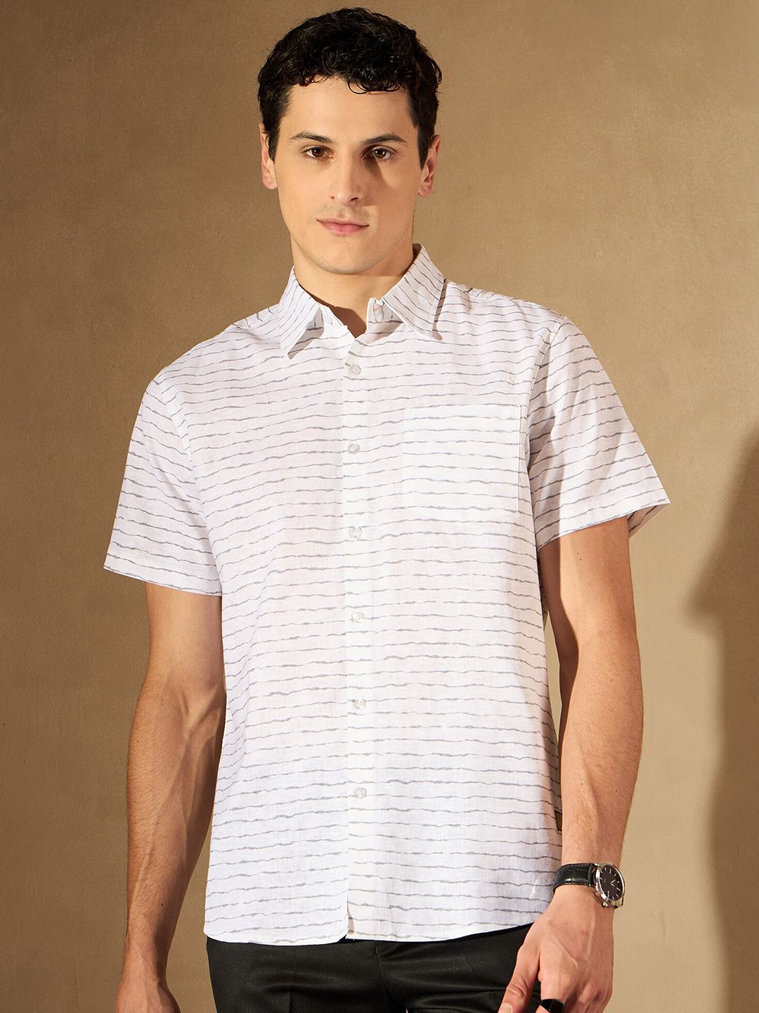DENNISON Horizontal Striped Spread Collar Smart Regular Fit Cotton Casual Shirt