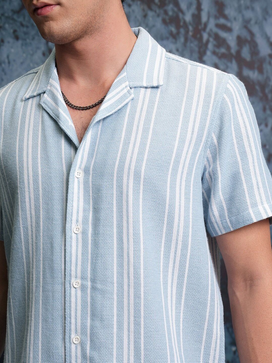 LOCOMOTIVE Premium Mock Lino Dobby Textured Striper Camp Collar Shirt