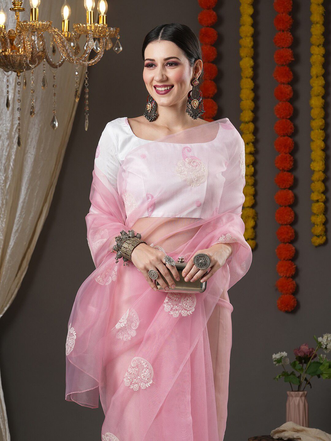 Saree mall Pink & White Floral Organza Banarasi Sarees