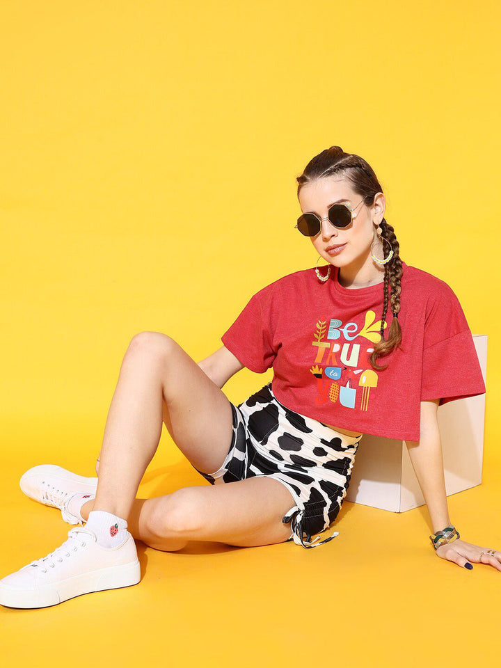 STREET 9 Women Red Printed Extended Sleeves Bio Finish Oversized  T-shirt