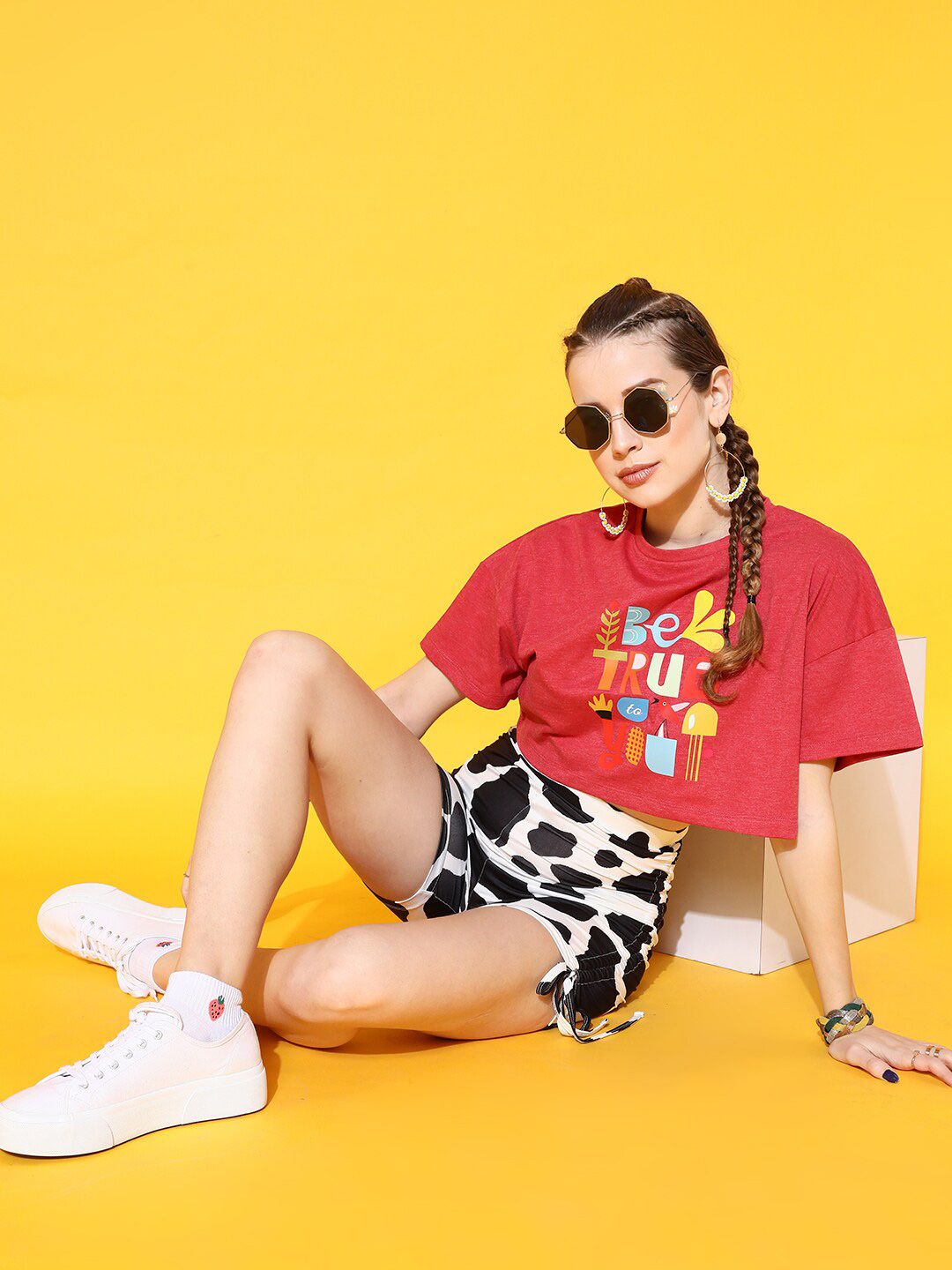 STREET 9 Women Red Printed Extended Sleeves Bio Finish Oversized  T-shirt