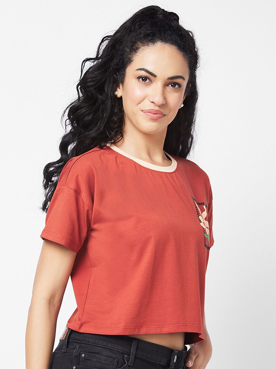 SPYKAR Self Design Round Neck Cotton Pocket Boxy T-shirt