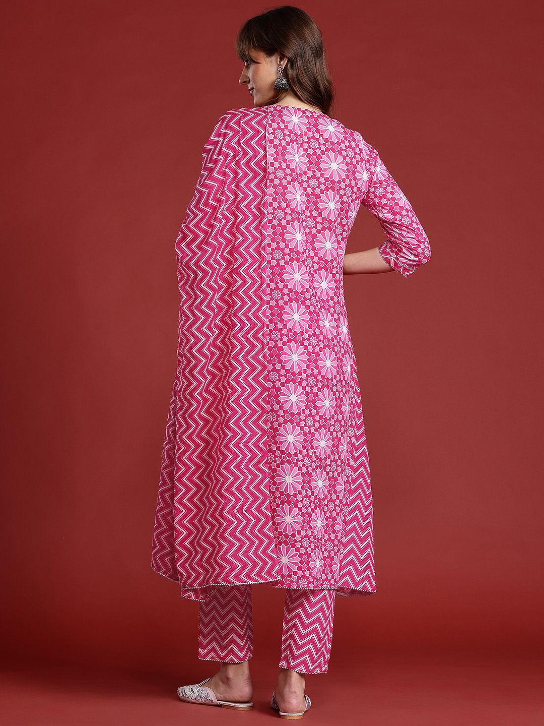 Anouk Ethnic Print Panelled Gotta Patti Detail Pure Cotton Kurta with Trousers & Dupatta