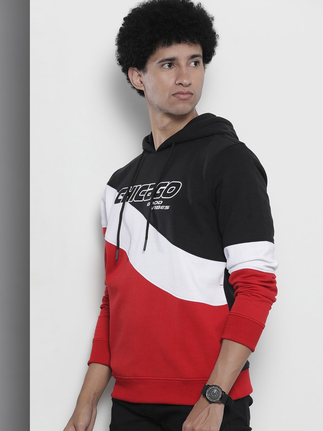 The Indian Garage Co Men Black & Red Striped Hooded Sweatshirt