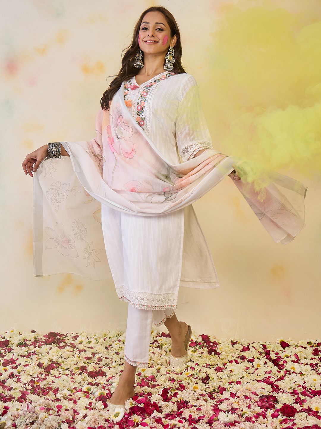 Indo Era Women Floral Embroidered Regular Thread Work Pure Cotton Kurta with Trousers & With Dupatta