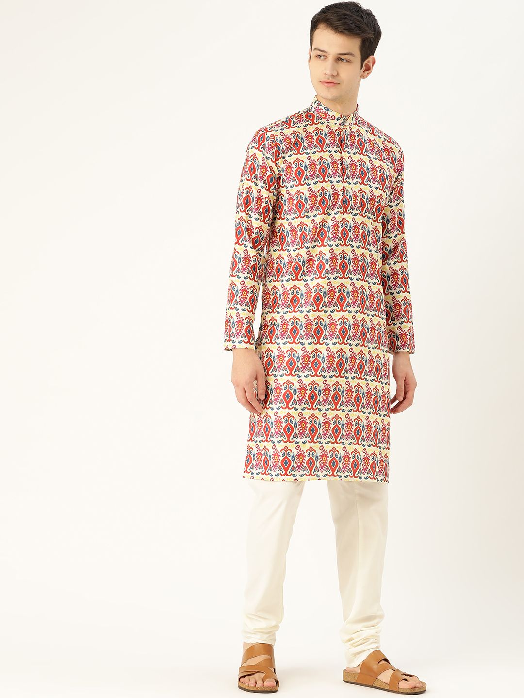 SOJANYA Lelaki Rust & Off-White Motif Etnik Cetak Kurta Lurus