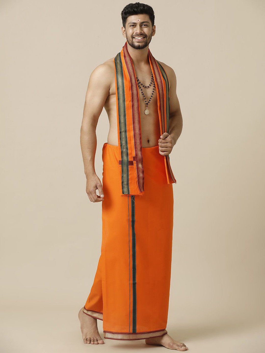 Ramraj Men Cotton Orange Solid DevotionalSingle Layer Dhoti With Mayilkhan Border
