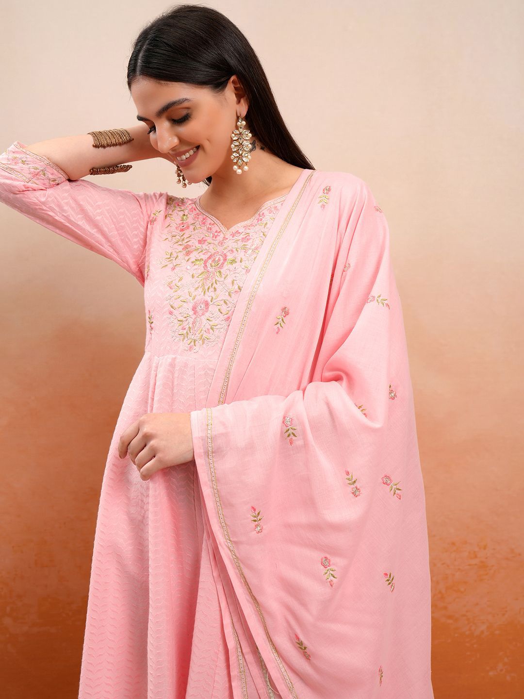 Vishudh Floral Embroidered V-Neck Pure Cotton Kurta with Trouser & Dupatta