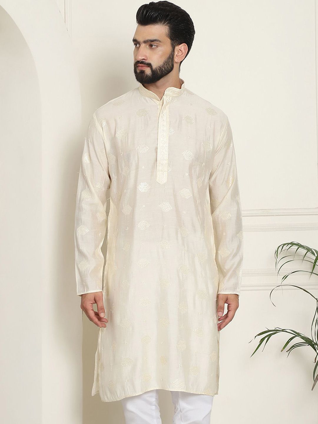 SOJANYA Kurta Lurus Sutera Berhias Geometrik Kolar Mandarin Kapas